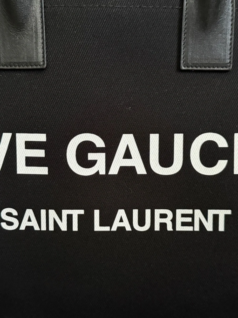 Saint Laurent YSL Rive Gauche Black White Canvas Logo Leather Tote Bag